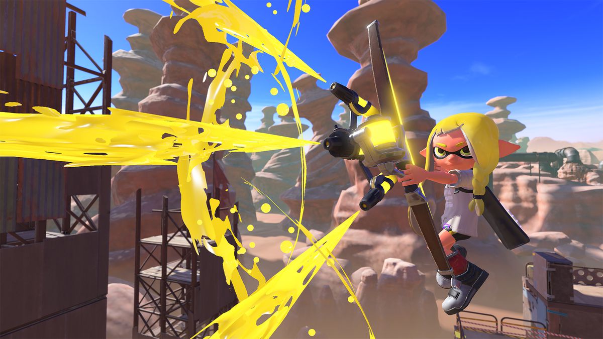 An inkling fires a bow-like weapon in a screenshot from Splatoon 3