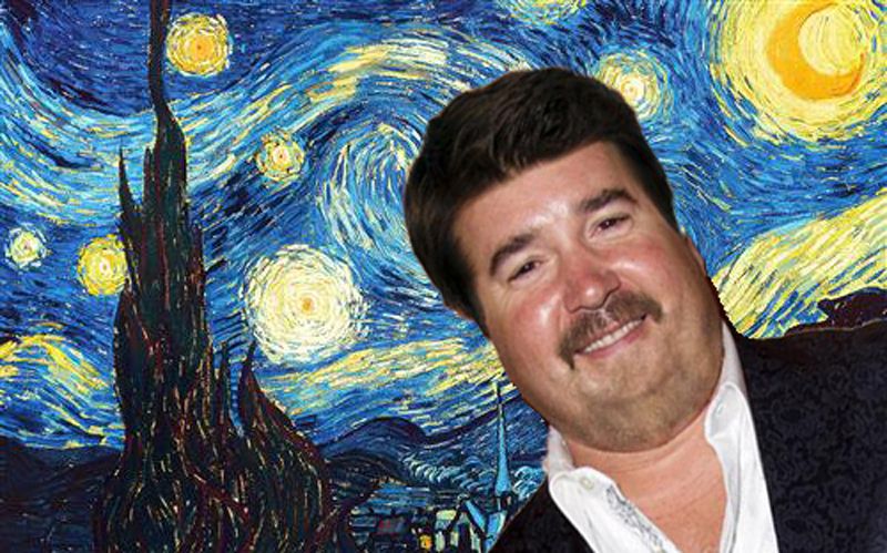 Guy Fieri photoshopped with dark black hair in front of ”Starry Night” by Van Gogh