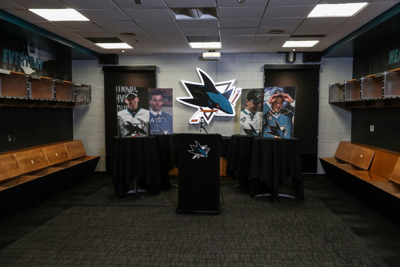 A general view of the podium in the San Jose Sharks locker room at SAP Center on October 6, 2020 in San Jose, California. The 2020 NHL Draft was held virtually due to the ongoing Coronavirus pandemic.
