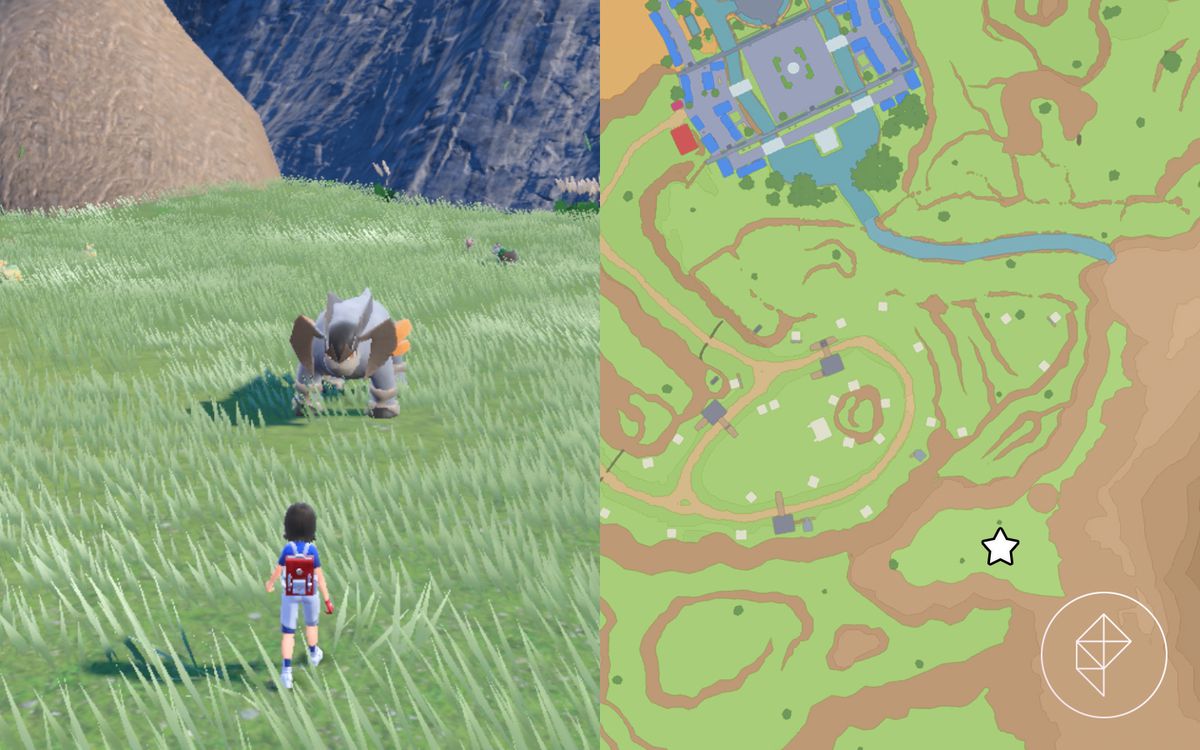 A map showing where to find Terrakion in a grassy field in Pokémon Scarlet and Violet