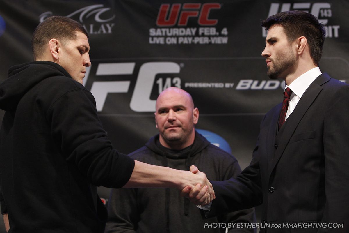 Truce? Hell no. UFC Welterweights Nick Diaz (L) and Carlos Condit (R) will go toe-to-toe on Sat., Feb. 5, 2012 at UFC 143 in Las Vegas, Nevada for the interim title and a shot at Georges St. Pierre's belt. Photo by Esther Lin for MMA Fighting.