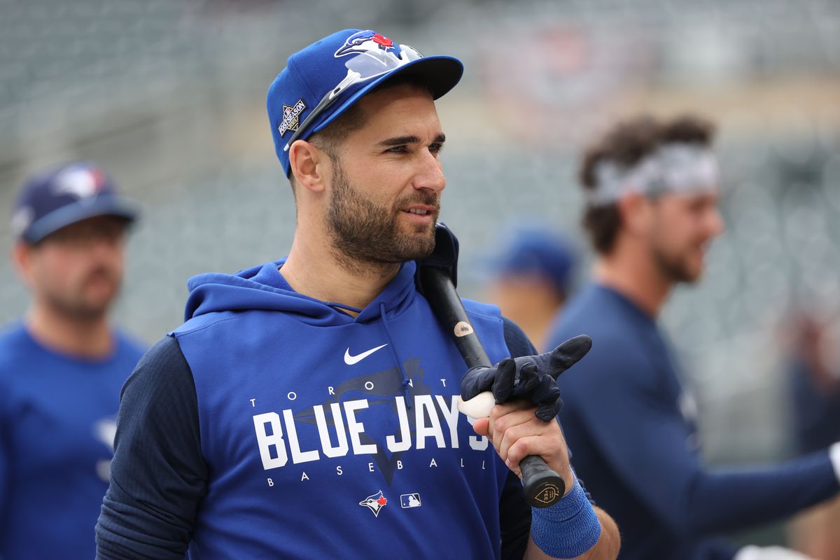Toronto Blue Jays center fielder Kevin Kiermaier looks on during batting practice before the game against the Minnesota Twins during game two of the Wildcard series for the 2023 MLB playoffs at Target Field.