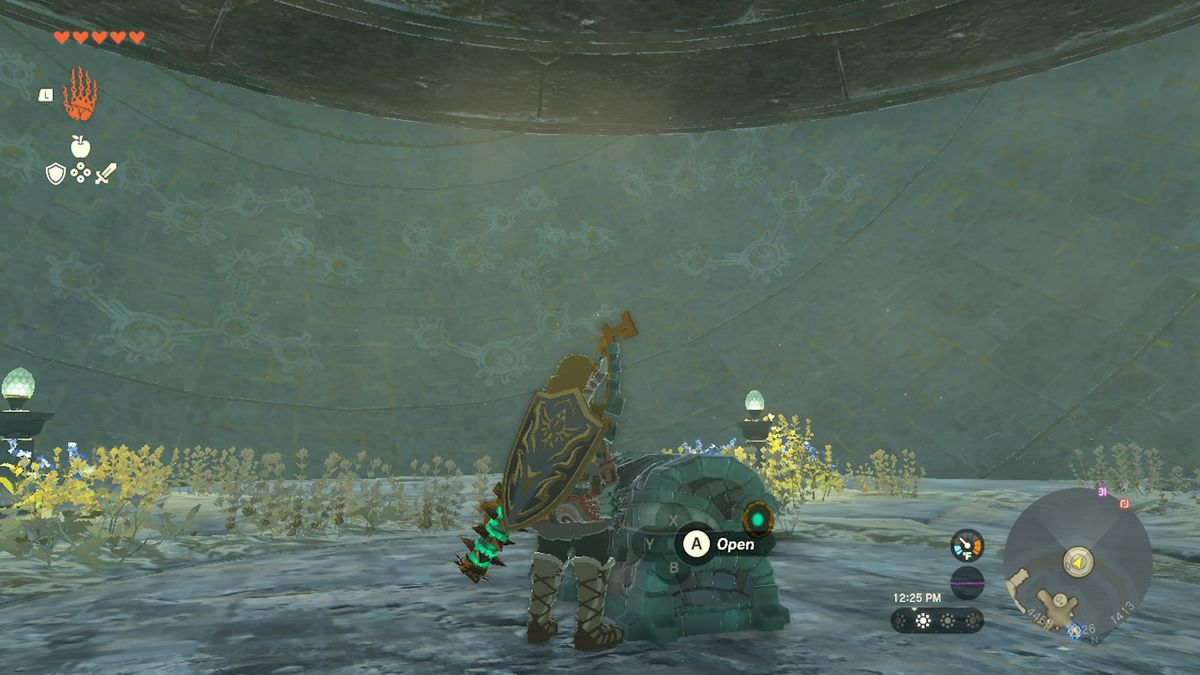 Link stands by a chest containing the Zonaite Armor legs piece in Zelda Tears of the Kingdom.