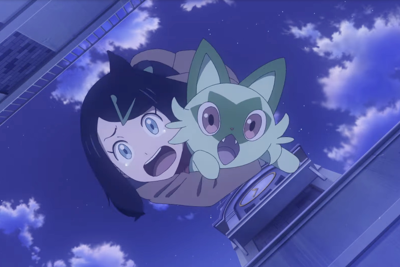 A schoolgirl in a brown uniform and a green cat with red eyes clinging to one another as they plummet towards the ground.
