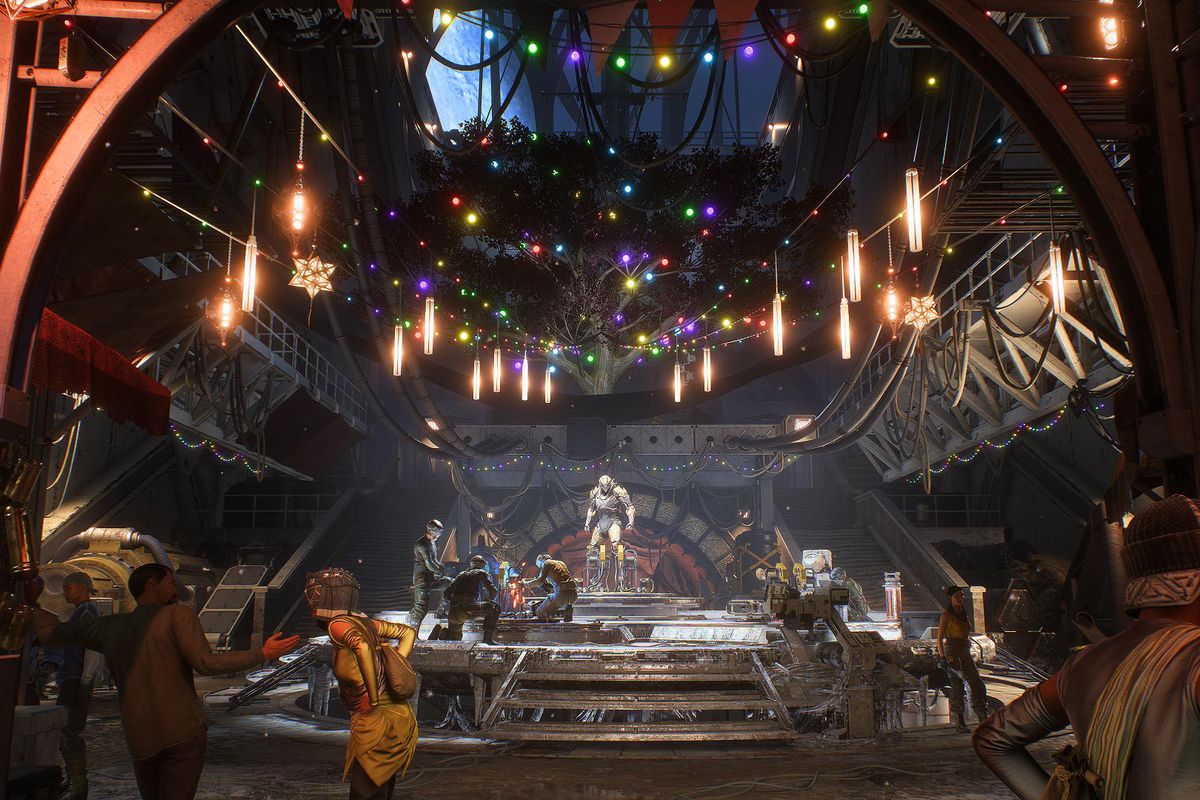 Anthem - a shot of Fort Tarsis, the player hub, decorated with seasonal wreathes and lights.