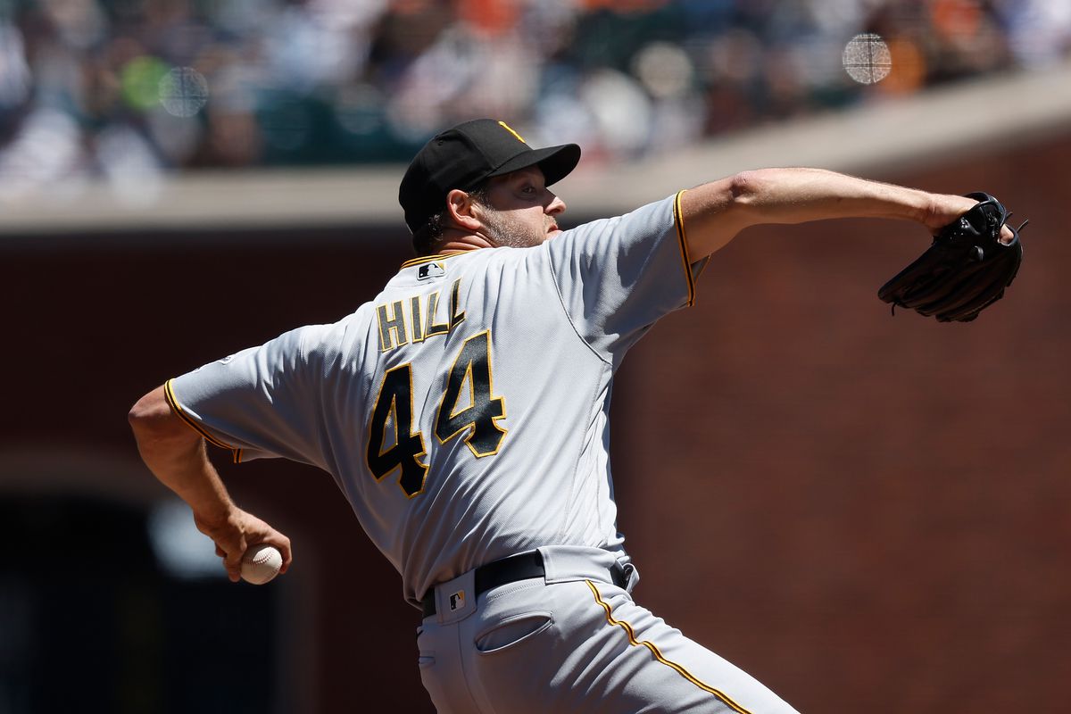 Rich Hill #44 of the Pittsburgh Pirates pitches in the bottom of the first inning against the San Francisco Giants at Oracle Park on May 29, 2023 in San Francisco, California.