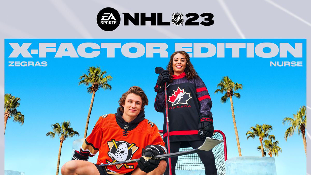key art for the X-Factor Edition of NHL 23, featuring a silver background with the game’s logo above an image of Trevor Zegras crouching while holding a hockey stick next to Sarah Nurse standing with a hockey stick, in front of blocks of ice, a hockey net, and palm trees