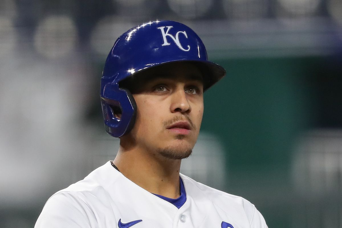 Kansas City Royals second baseman Nicky Lopez (8) looks to the stands while waiting in the on-deck circle during an MLB game between the Los Angeles Angels and Kansas City Royals on April 12, 2021 at Kauffman Stadium in Kansas City, MO.