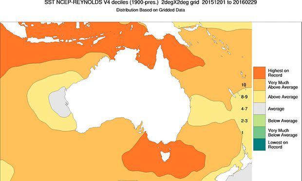Sea surface temperatures across northern and Coral Sea areas of Australia, from December 2015 to February 2016 (Bureau of Meteorology)