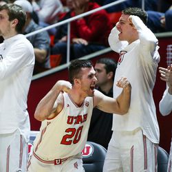 Utah Utes guard Beau Rydalch (20) celebrates after a dunk from forward David Collette (13) during the game against the Stanford Cardinal at the Huntsman Center in Salt Lake City on Thursday, Feb. 8, 2018.