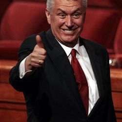 Pres. Dieter F. Uchtdorf gives a thumbs-up to conferencegoers in April.  