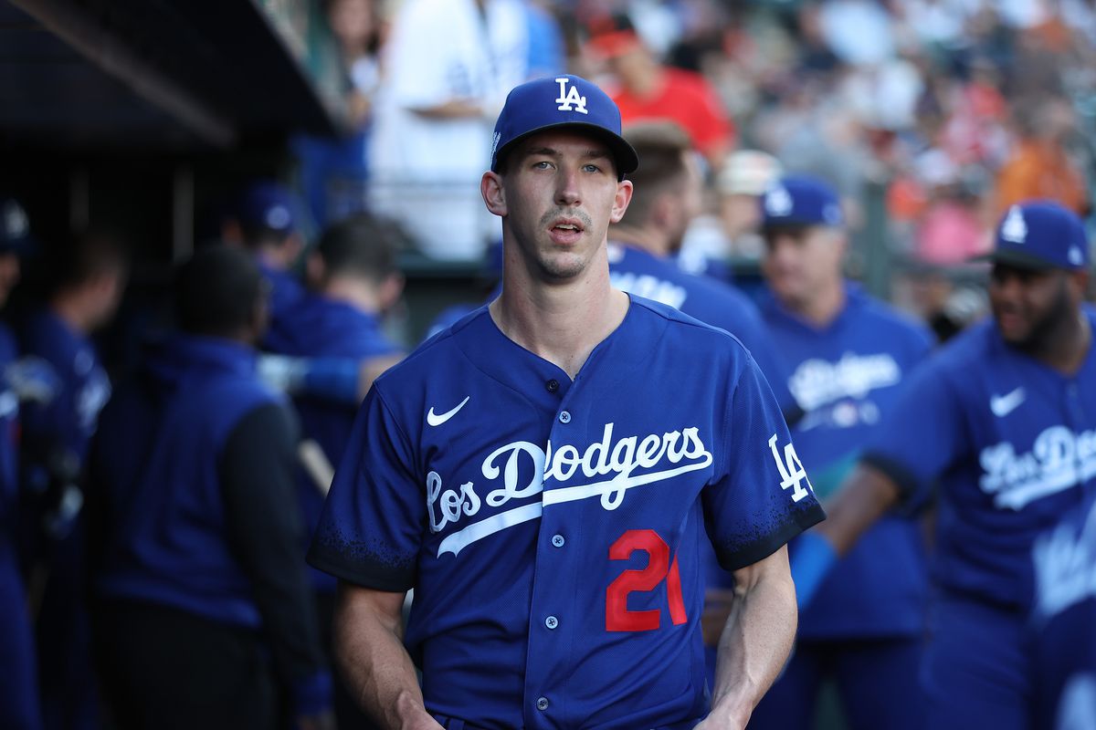 Walker Buehler of the Los Angeles Dodgers looks on before the game against the San Francisco Giants at Oracle Park on June 10, 2022 in San Francisco, California.