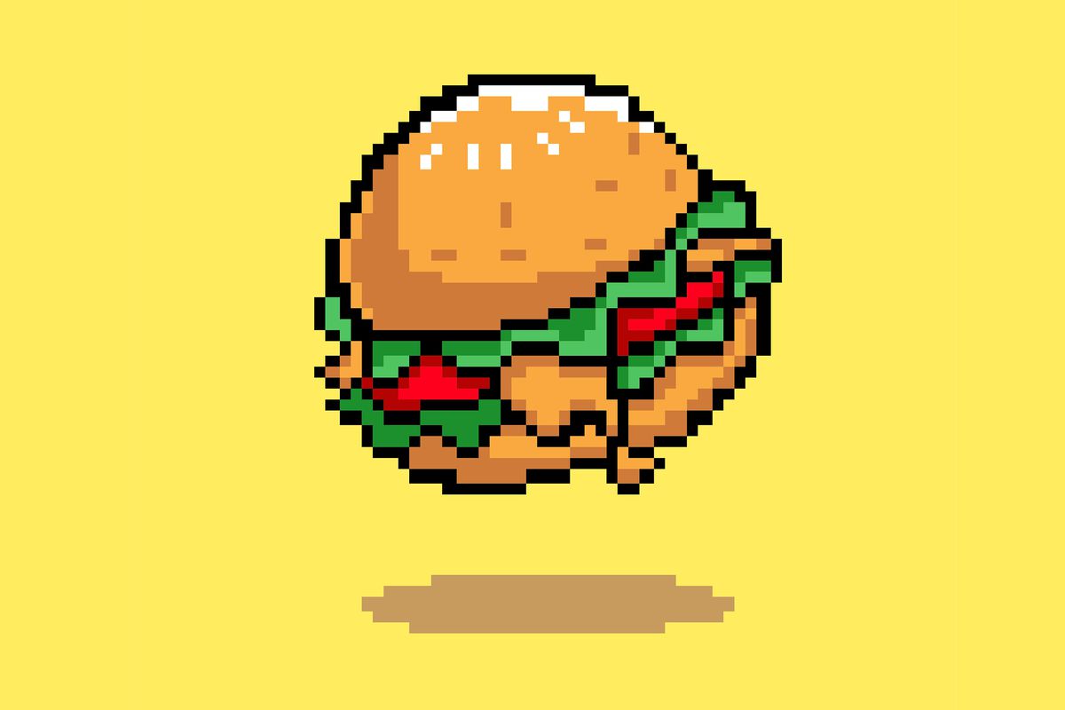 A pixelated drawing of a hamburger.