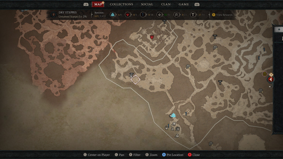 A map of the Dry Steppes in Sanctuary showing the 25th Altar of Lilith in Diablo 4