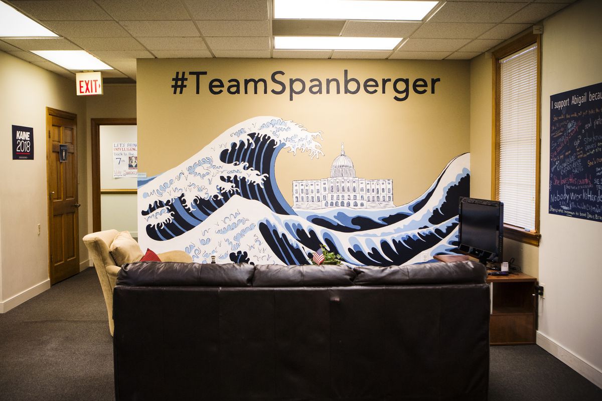 A mural at Abigail Spanberger’s campaign headquarters, in Richmond, Va., depicting a “blue wave” for the Democrat party in Congress during the midterm elections.
