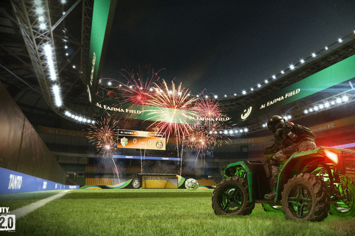 Call of Duty: Warzone 2.0 - An operator in a shock-powered ATV drives through a massive, brightly lit football field in the game’s new Rocket League-esque game mode.