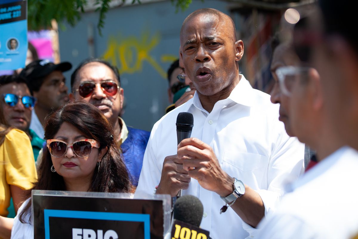 Brooklyn borough president and mayoral candidate Eric Adams speaks at a campaign rally in Jackson Heights, June 7, 2021.