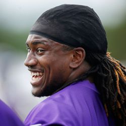 Jul 27, 2013; Mankato, MN, USA; Minnesota Vikings wide receiver Cordarrelle Patterson (84) during a break from drills at training camp at Blakeslee Fields. Mandatory Credit: Bruce Kluckhohn-USA TODAY Sports
