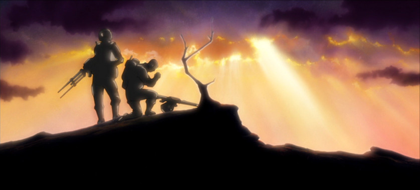 Two soldiers in hazmat suits standing next to a dying tree, a ray of sunshine shining through the clouds in the distance in The Second Renaissance.
