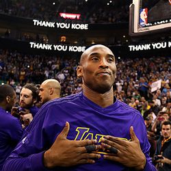 Los Angeles Lakers Kobe Bryant acknowledges the applause from the crowd at the Utah Jazz game at the Vivint Arena in Salt Lake City on Monday, March 28,  2016.