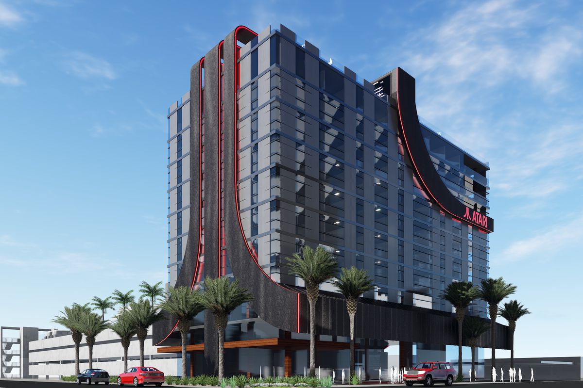 A render of the Atari Hotel against a blue sky