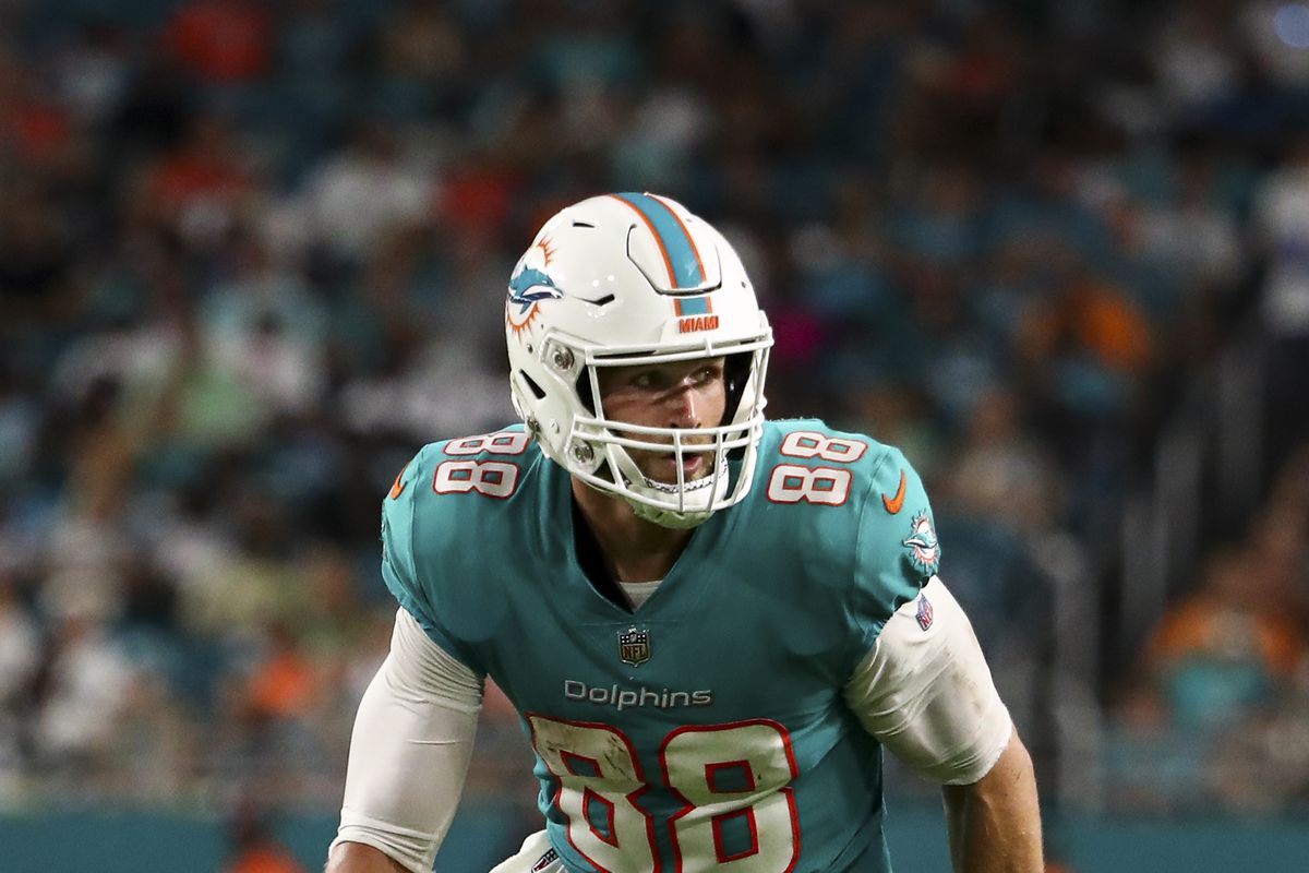 Mike Gesicki #88 of the Miami Dolphins runs downfield during a preseason NFL football game against the Las Vegas Raiders at Hard Rock Stadium on August 20, 2022 in Miami Gardens,