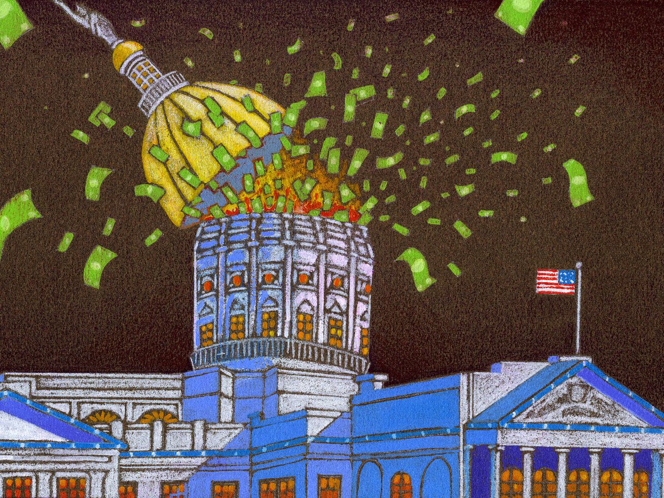 A cartoon of the uS Capitol building with its domed roof exploding off and dollar bills blowing out of it.