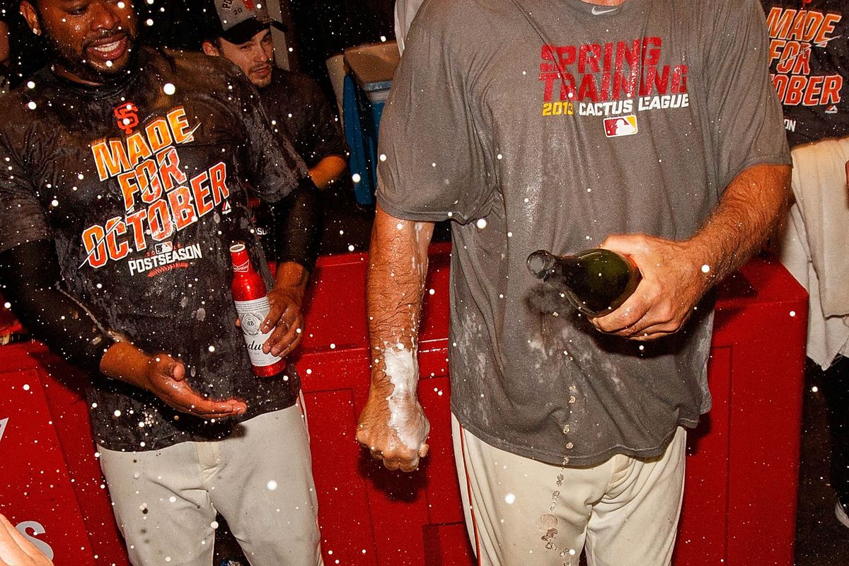 Bruce Bochy is rocking a Spring Training 2013 shirt, and it's not important to know why.