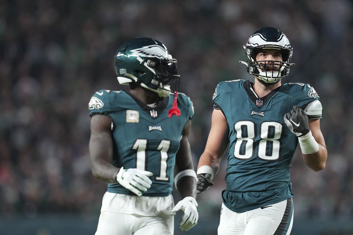A.J. Brown #11 and Dallas Goedert #88 of the Philadelphia Eagles in action against the Dallas Cowboys at Lincoln Financial Field on November 5, 2023 in Philadelphia, Pennsylvania.