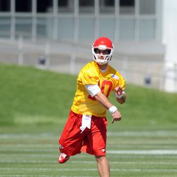 Kansas City Chiefs quarterback Chase Daniel (10) throws a pass during organized team activities at the University of Kansas Hospital Training Complex.