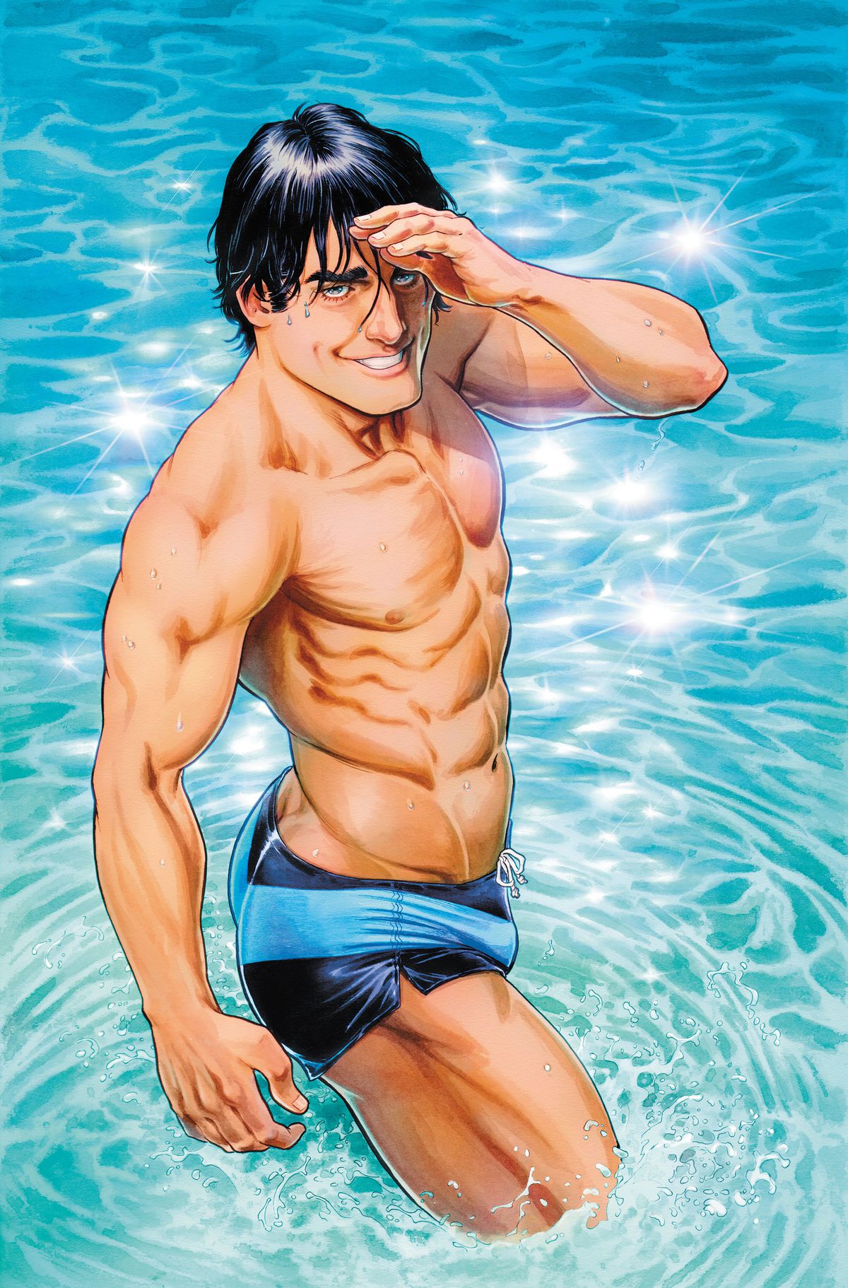 Nightwing shades his eyes from the sun as he looks over his shoulder at the viewer. He’s standing in glistening clear water up to his thighs, and his butt is very well highlighted by his tiny swimsuit. 