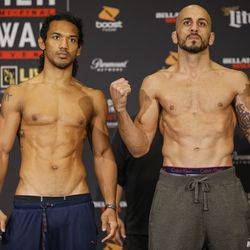Benson Henderson and Saad Awad pose at Bellator 208 weigh-ins.