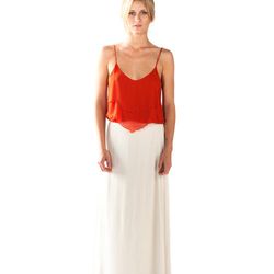 Basilan silk chiffon blend tank in cherry red, $195. Kos double-layered skirt, $245