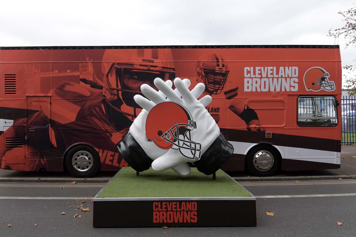 General overall view of Cleveland Browns double decker bus outside of Twickenham Stadium during an NFL International Series game against the Minnesota Vikings.