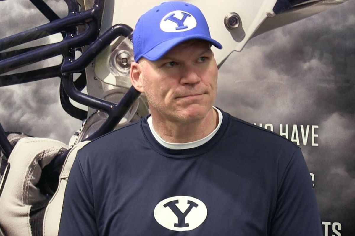 BYU offensive line coach Mike Empey talks with the media following the Cougars' practice on Thursday, March 3, 2016.
