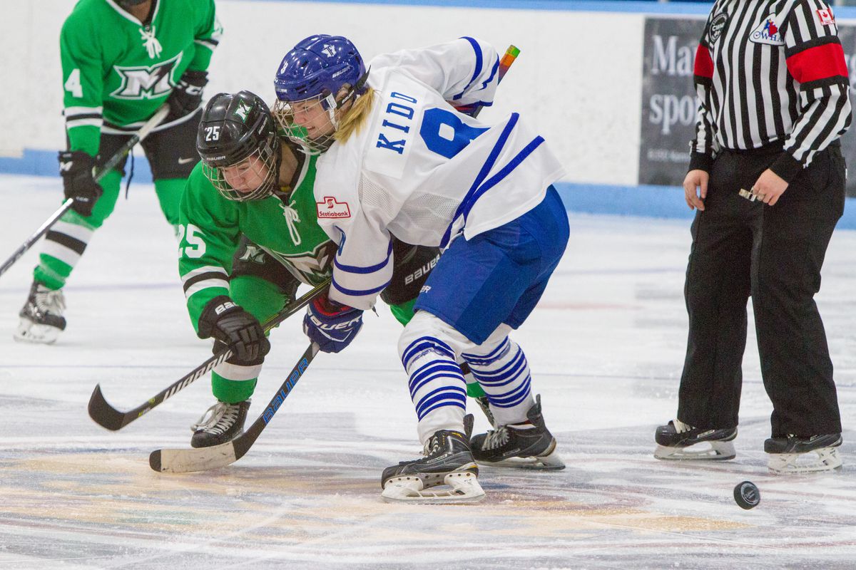 Sydney Kidd (8) of the Toronto Furies faces off against Taylor Woods (25) of the Markham Thunder