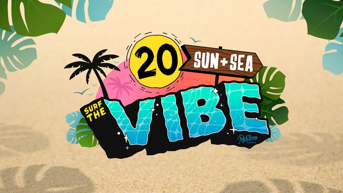 The text “20 Sun + Sea Surf the Vibe” appears over a background of sand, with leaves in the upper corners. The “20” is in a yellow sun, “Sun + Sea” is in a signpost, and the word “Vibe” is illustrated in thick block letters with blue water effects inside the letters. The words “Surf the” appear on the side of the “V” in “Vibe”. There is also a palm tree coming out of the top of the “V”, and tropical leaves around the sides of the logo. 