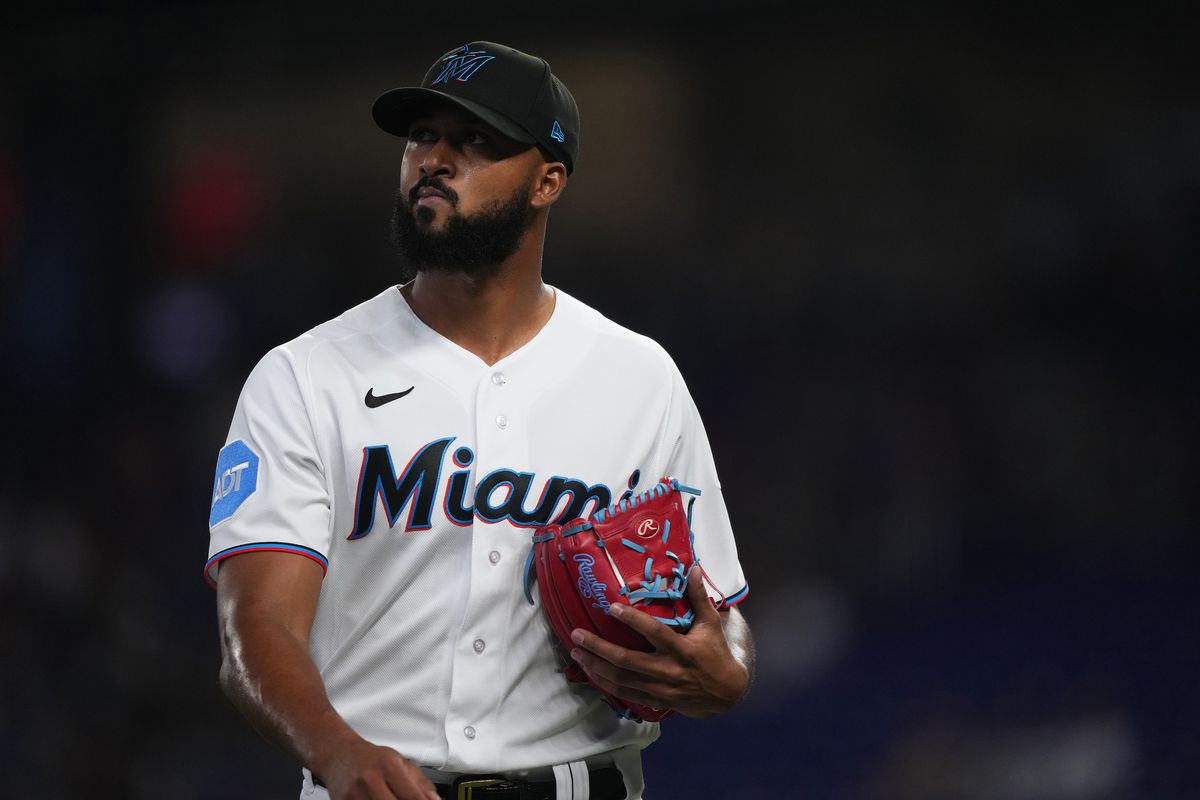 Sandy Alcantara of the Miami Marlins walks off the mound after the third out of the inning in the game against the Arizona Diamondbacks at LoanDepot Park on April 16, 2023 in Miami, Florida.