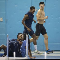 Shaquille Walker works out Monday, Feb. 9, 2015, with Colter Rockwell and other members of the BYU track team in Provo.