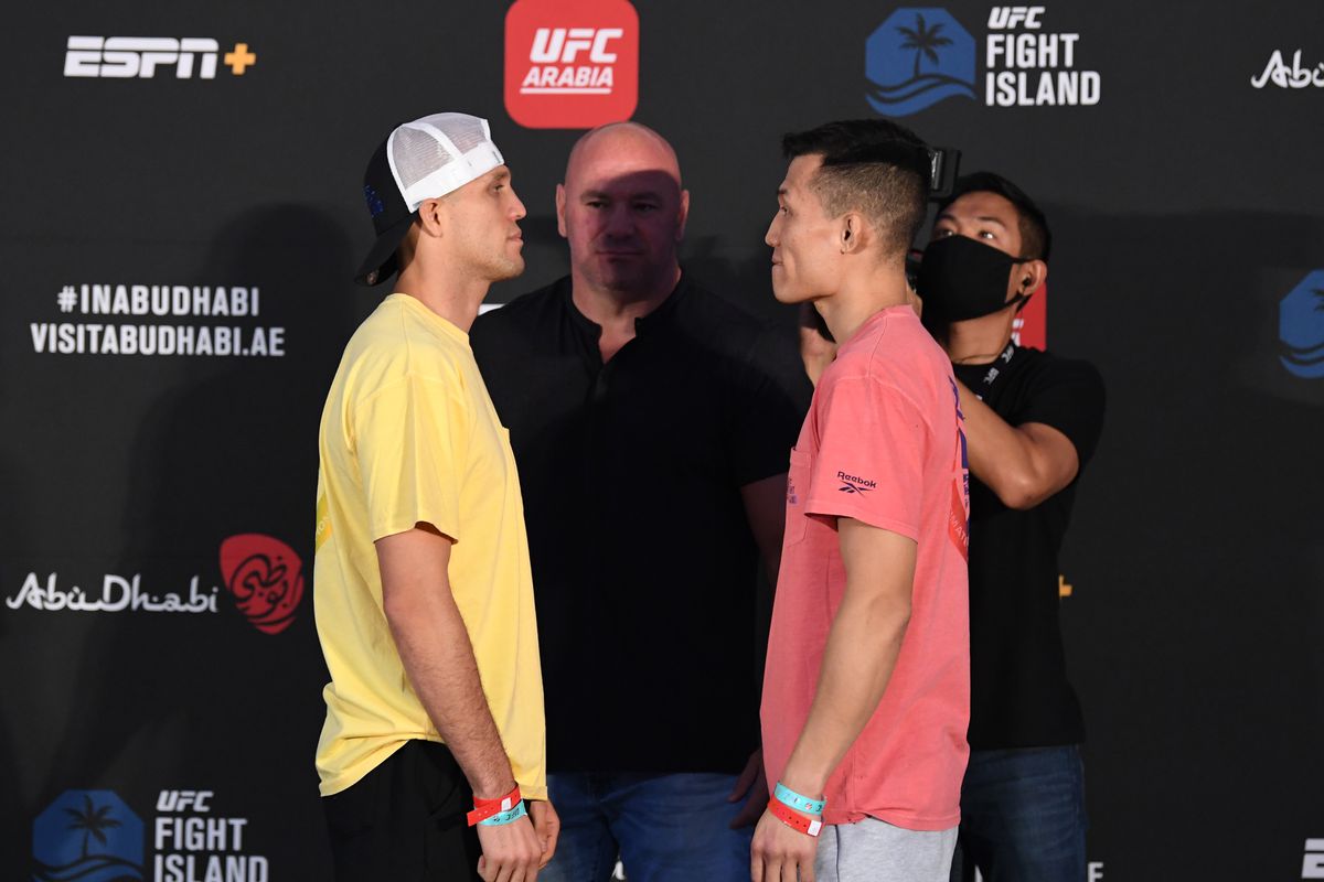 Opponents Brian Ortega and “The Korean Zombie” Chan Sung Jung of South Korea face off during the UFC Fight Night weigh-in on October 16, 2020 on UFC Fight Island, Abu Dhabi, United Arab Emirates.