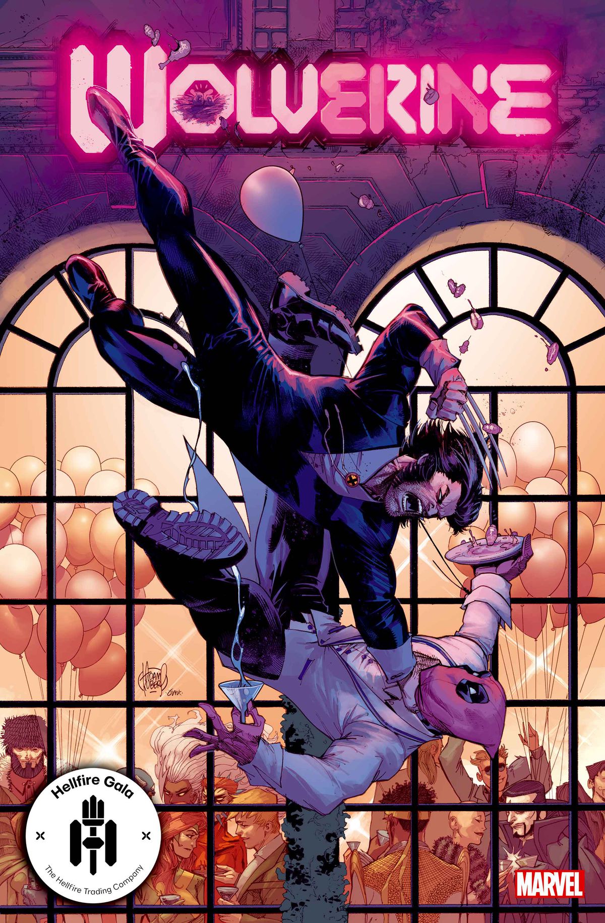 Wolverine attacks Deadpool outside of the Hellfire Gala on the cover of Wolverine #13, Marvel Comics (2021)
