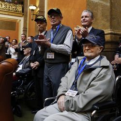 Veterans are honored in the House of Representatives in Salt Lake City, Wednesday, Feb. 18, 2015. At front is Rodney Jackson.