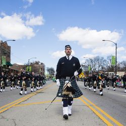The Emerald Society Bagpipes and Drums in the Chicago South Side St. Patrick’s Day Parade, Sunday, March 17th. | James Foster/For the Sun-Times