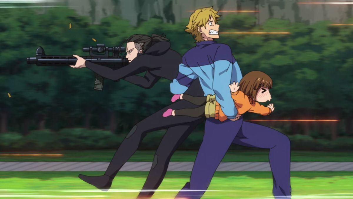 A blond-haired anime man in a light blue sweater and sweatpants fleeing from gunfire in a park while holding a brown-haired anime girl imitating a plane and a black-haired anime man in a black hoodie and tracksuit aiming a rifle.