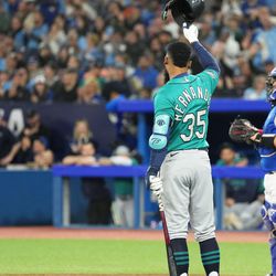 APRIL 28: Seattle Mariners right fielder Teoscar Hernandez (35) acknowledges the crowd during the first inning against the Toronto Blue Jays at Rogers Centre.