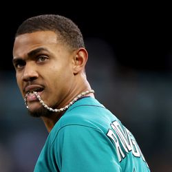 Julio Rodriguez #44 of the Seattle Mariners reacts after grounding out into a double play during the seventh inning against the Houston Astros at T-Mobile Park on May 06, 2023 in Seattle, Washington.