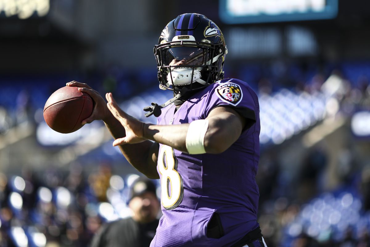 Lamar Jackson #8 of the Baltimore Ravens warms up prior to an NFL football game against the Carolina Panthers at M&amp;T Bank Stadium on November 20, 2022 in Baltimore, Maryland.