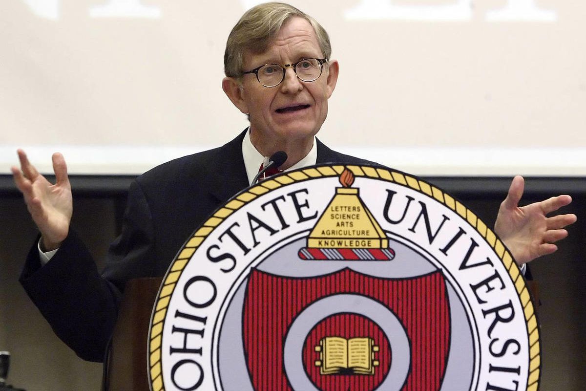 In this July 12, 2007, file photo, Gordon Gee speaks after being named Ohio State University's 14th president during a news conference in Columbus, Ohio. Gee is retiring as of July 1 following the revelation of recorded remarks in which he criticized Notr