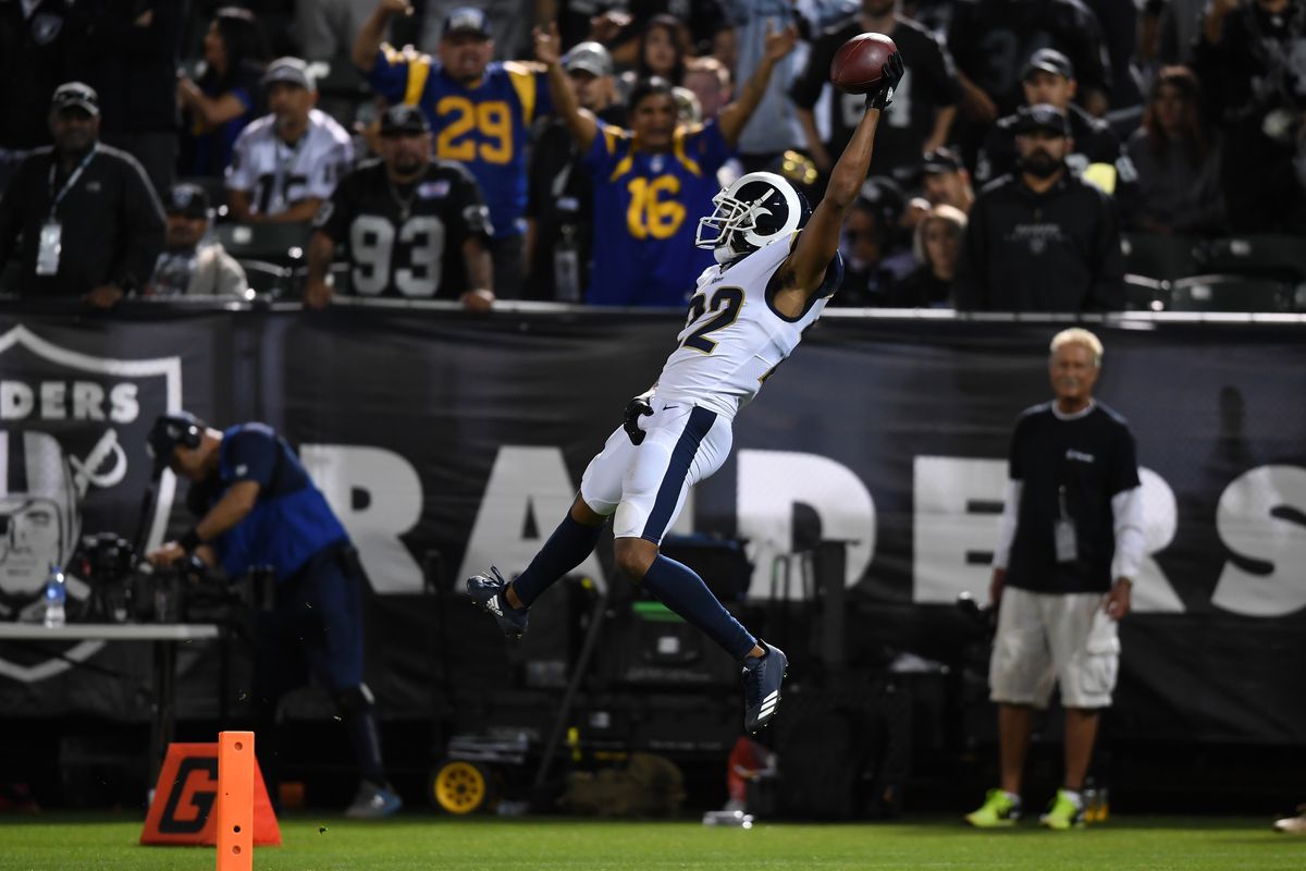 Los Angeles Rams CB Marcus Peters gingerly touches his netherregions while returning an interception for a touchdown against the Oakland Raiders, Sep. 10, 2018.