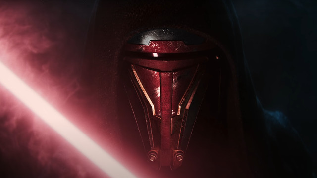 Revan from Star Wars Knights of the Old Republic holds his lightsaber menacingly